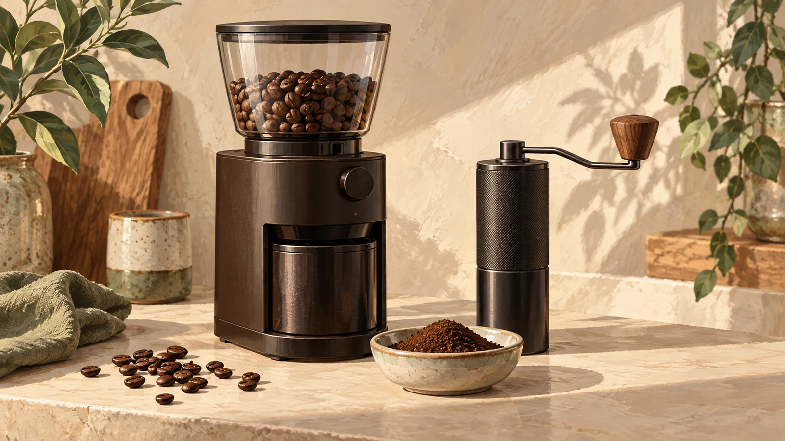 Illustration of electric and manual coffee grinders with a dish of grounds