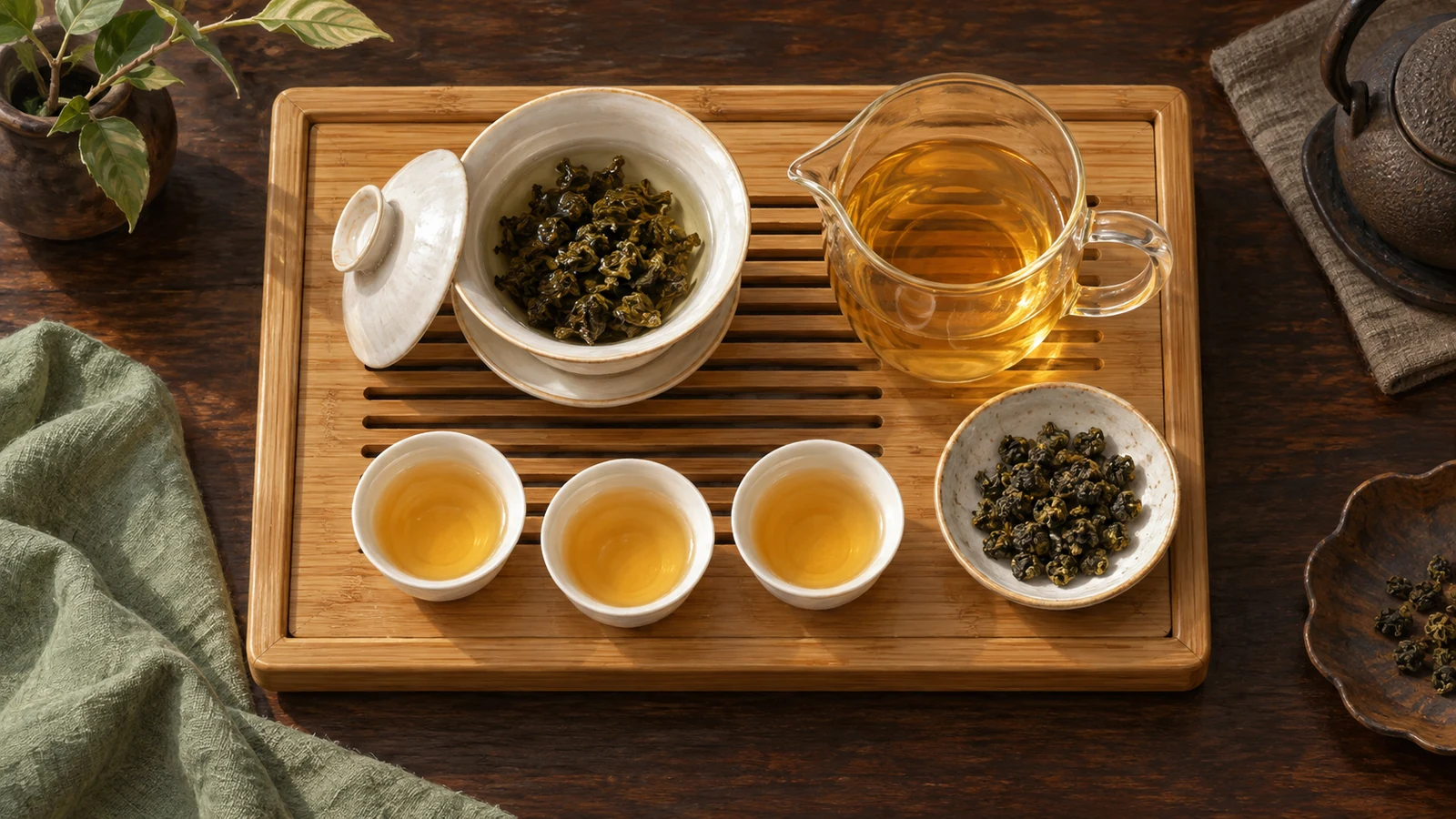 Illustration of a gaiwan, fairness pitcher and three gongfu tasting cups