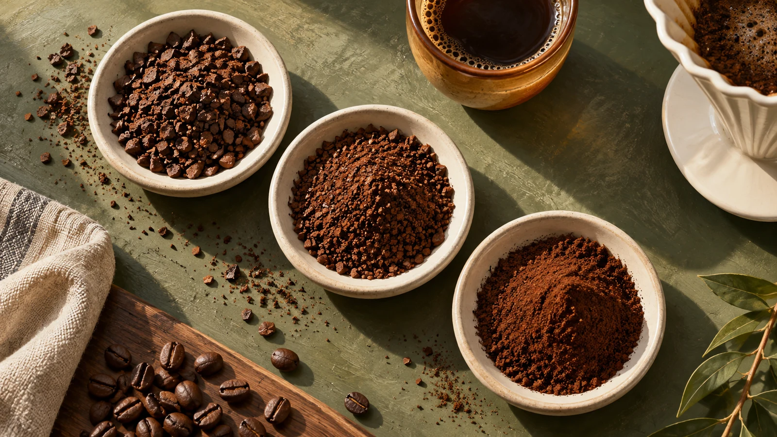 Illustration comparing coarse, medium and fine coffee grounds