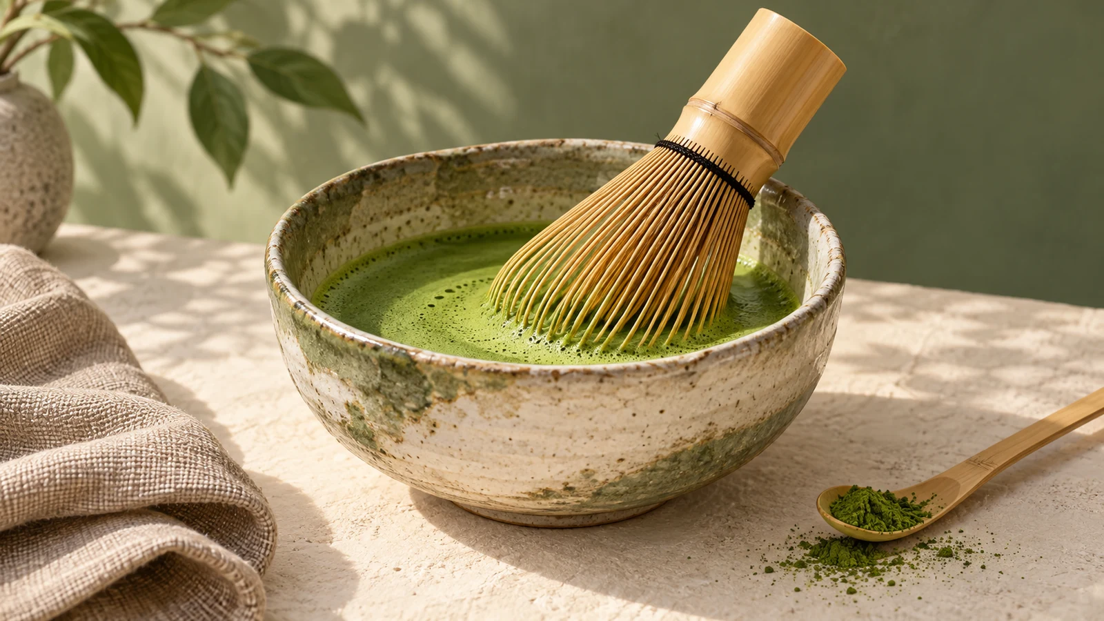 Illustration of a bamboo chasen and a bowl of foamy matcha