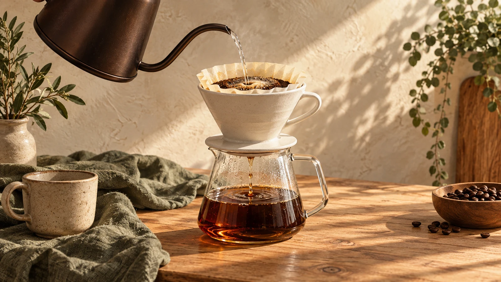 Illustration of a gooseneck kettle pouring into a coffee brewer