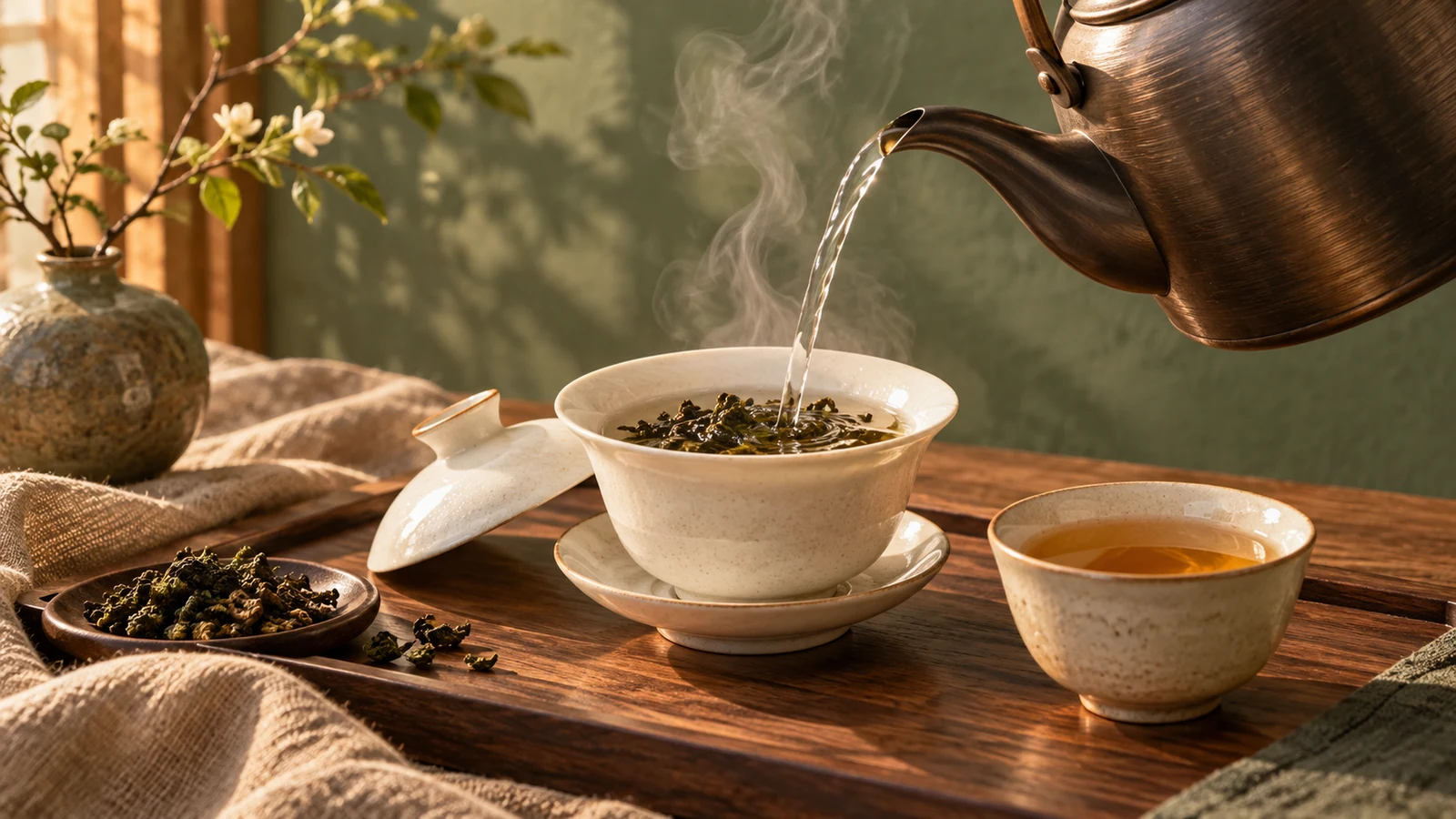 Illustration of steaming water poured into a gaiwan of tea leaves