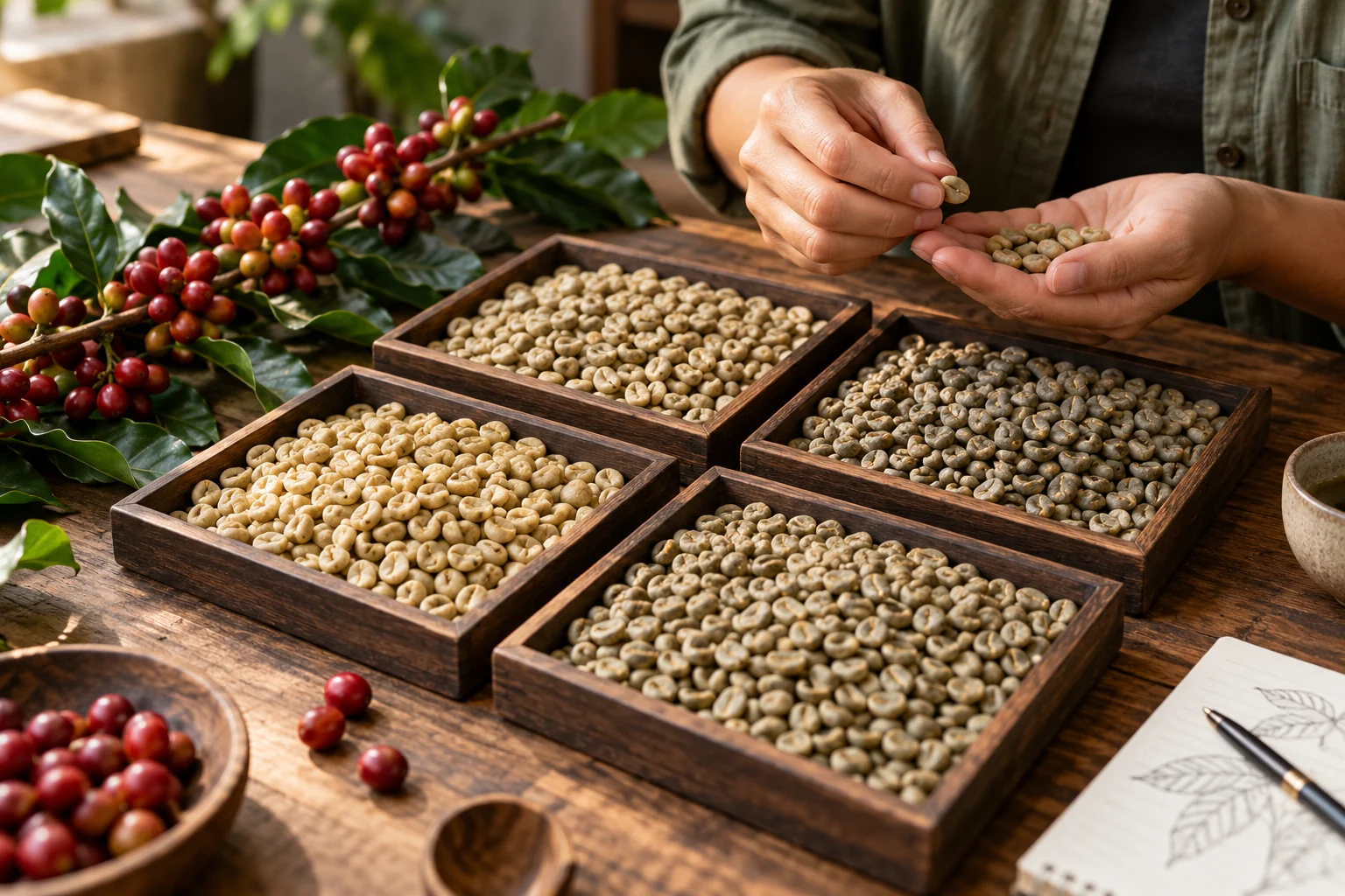 Four archival-style trays hold different-looking samples of unroasted green coffee beans beside a coffee cherry branch on a research worktable.
