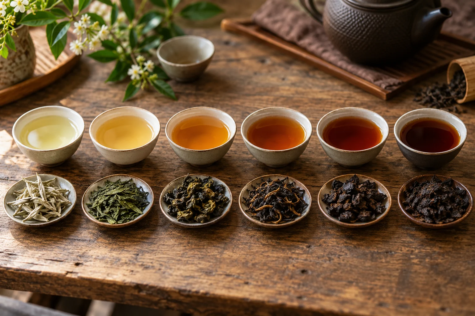 Six tea tasting samples pair processed dry leaves with brewed liquors ranging from pale straw to deep mahogany.