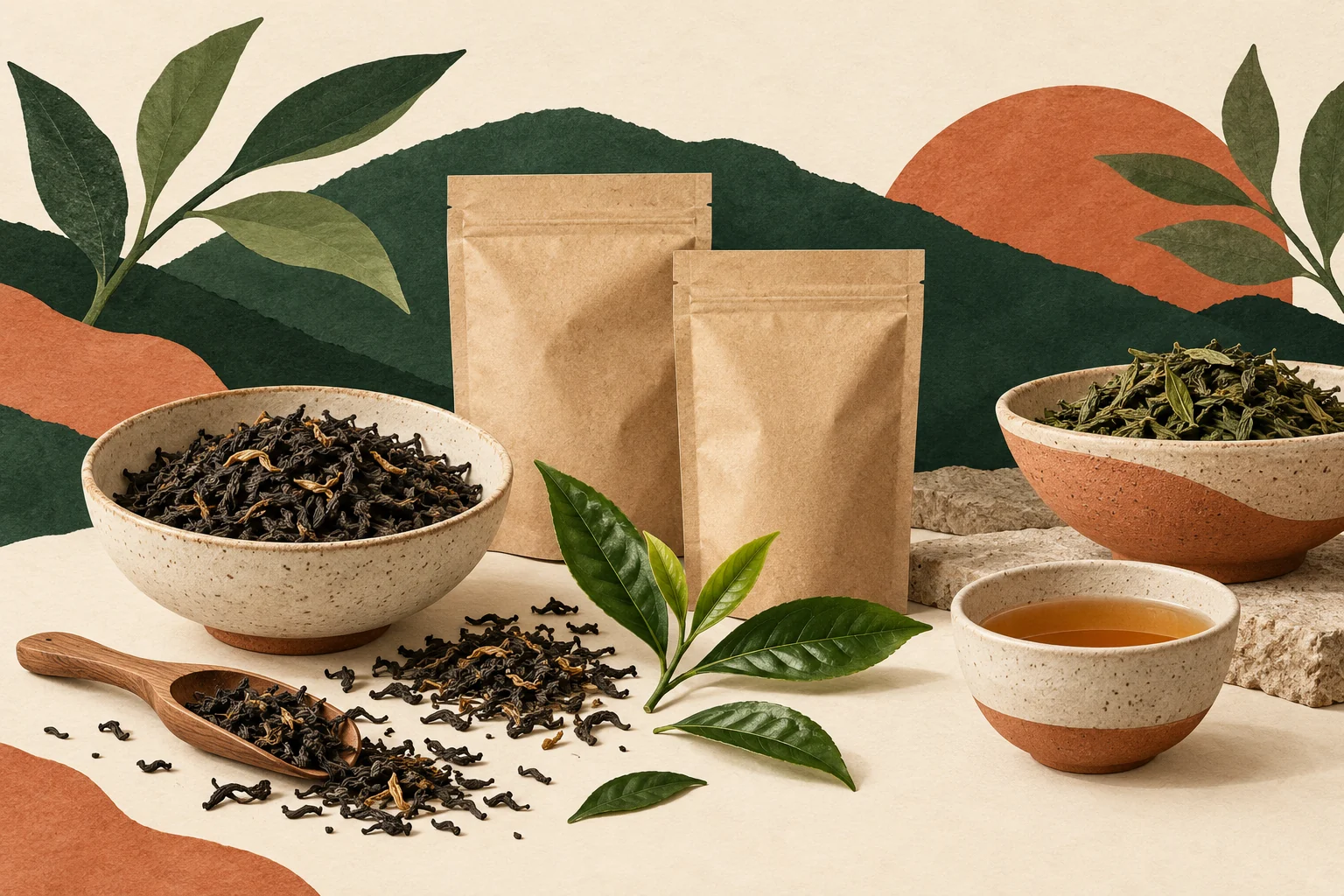 Editorial illustration of loose tea, plain kraft packets, tea leaves and ceramic bowls.