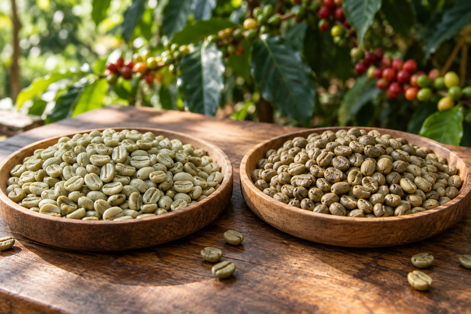 Two shallow trays of unroasted green coffee beans sit on a worktable with coffee plants softly out of focus behind them.
