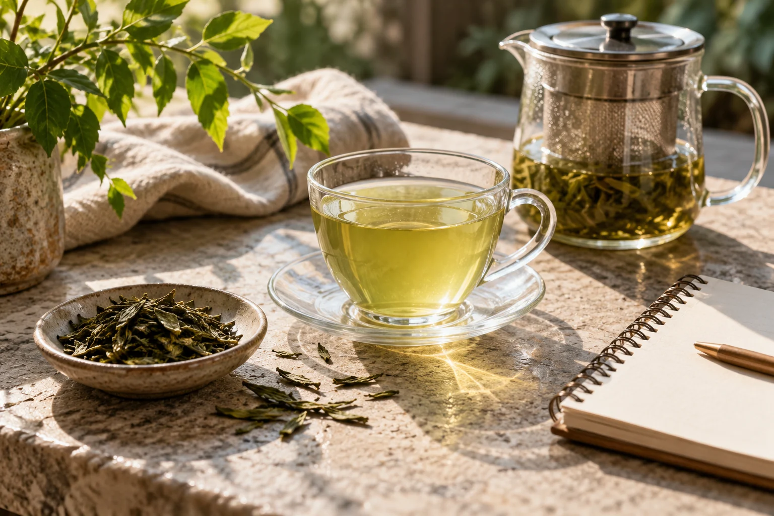A clear cup of pale green tea sits beside loose processed green tea leaves, a glass infuser and a blank notebook on a sunlit stone table.
