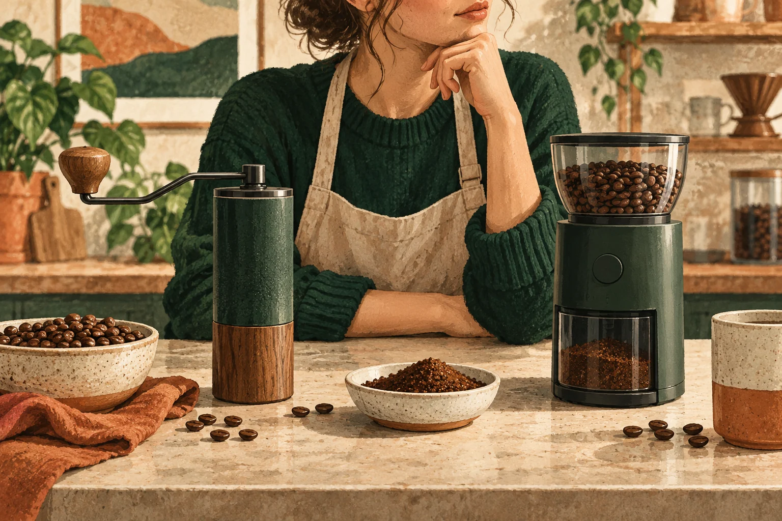 Editorial illustration of manual and electric coffee grinders, beans and ground coffee.