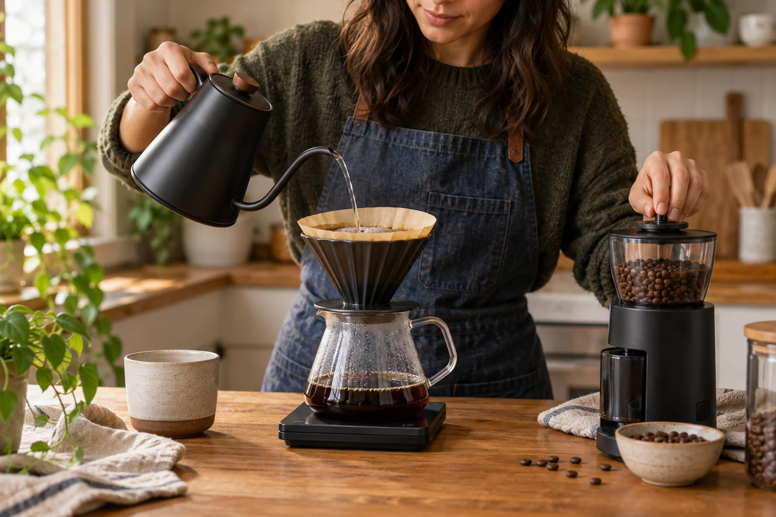 A home brewer adjusts a coffee grinder while a gooseneck kettle pours into a pour-over brewer and carafe on a digital scale.