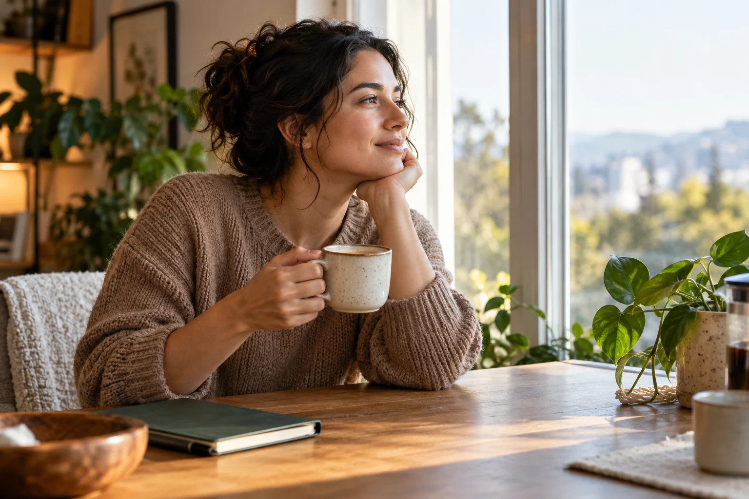 An adult sits quietly beside a bright window with a coffee cup and closed notebook, looking outside during a morning break.