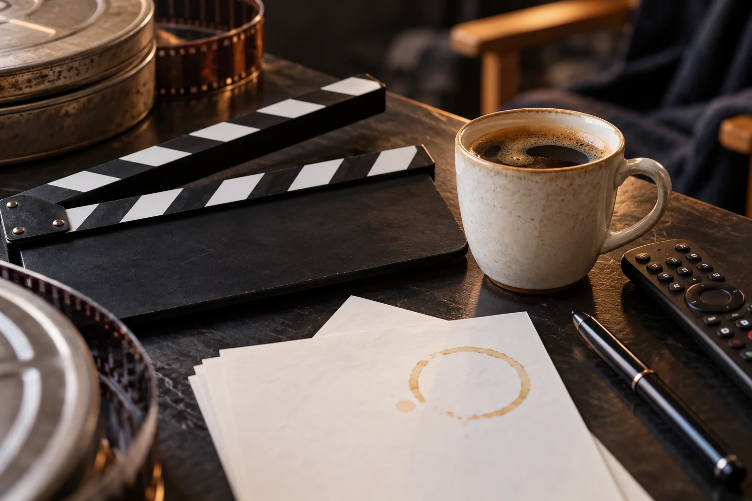Generic striped clapstick bars, an unbranded television remote, blank paper and a coffee-ring stain sit on a dark studio production desk.