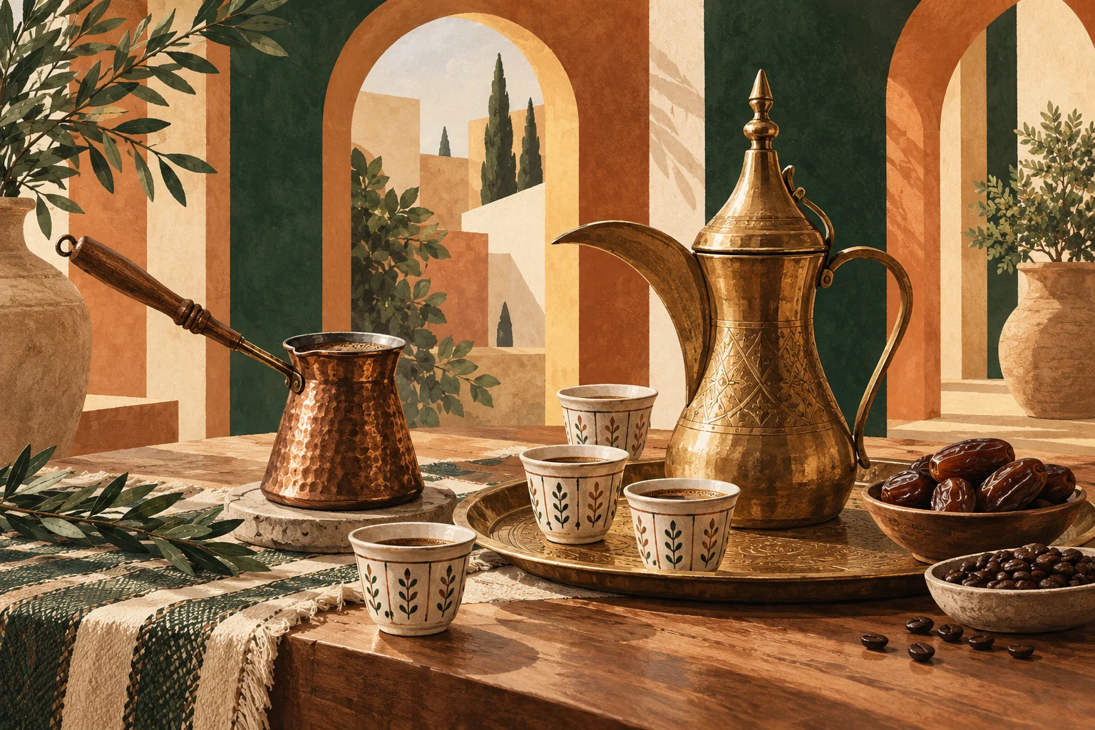 Editorial illustration of a cezve, dallah and small coffee cups on a welcoming table.