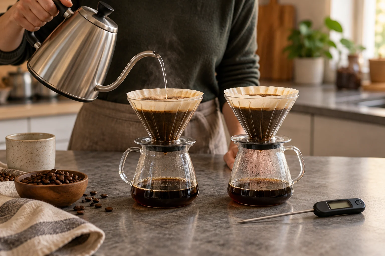 Two matching pour-over coffee brewers sit beside a stainless kettle and a separate digital thermometer on a stone kitchen counter.