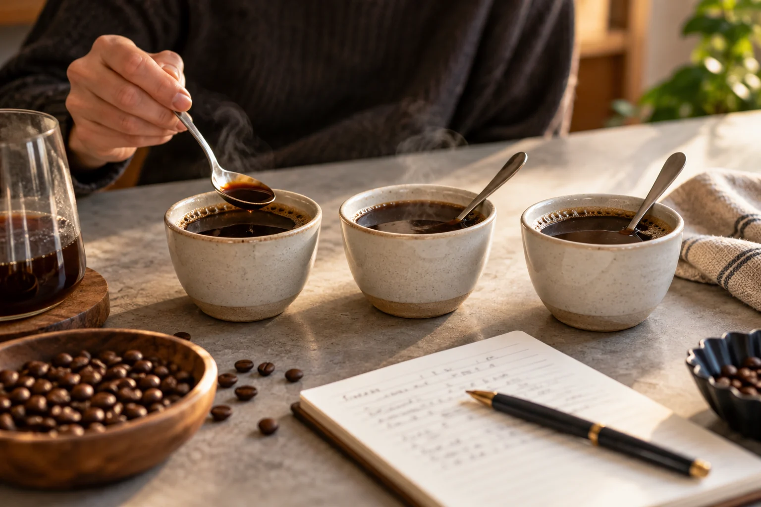 Three steaming coffee tasting cups with spoons and a handwritten note card arranged on a neutral table.