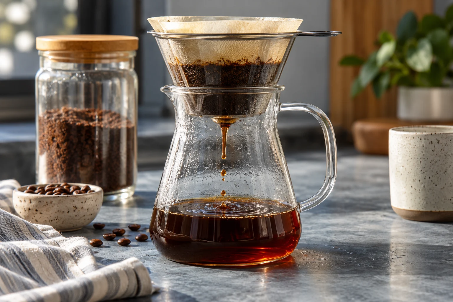 Amber cold brew dripping through a filter into a clear glass carafe on a cool blue-gray kitchen counter.