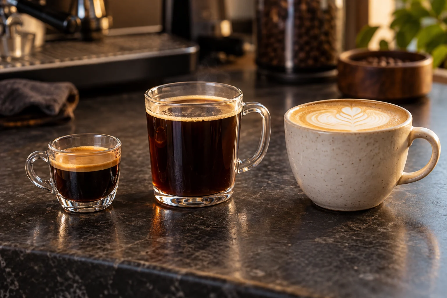 A small espresso, a taller clear Americano and a ceramic latte are arranged side by side on a dark stone bar.