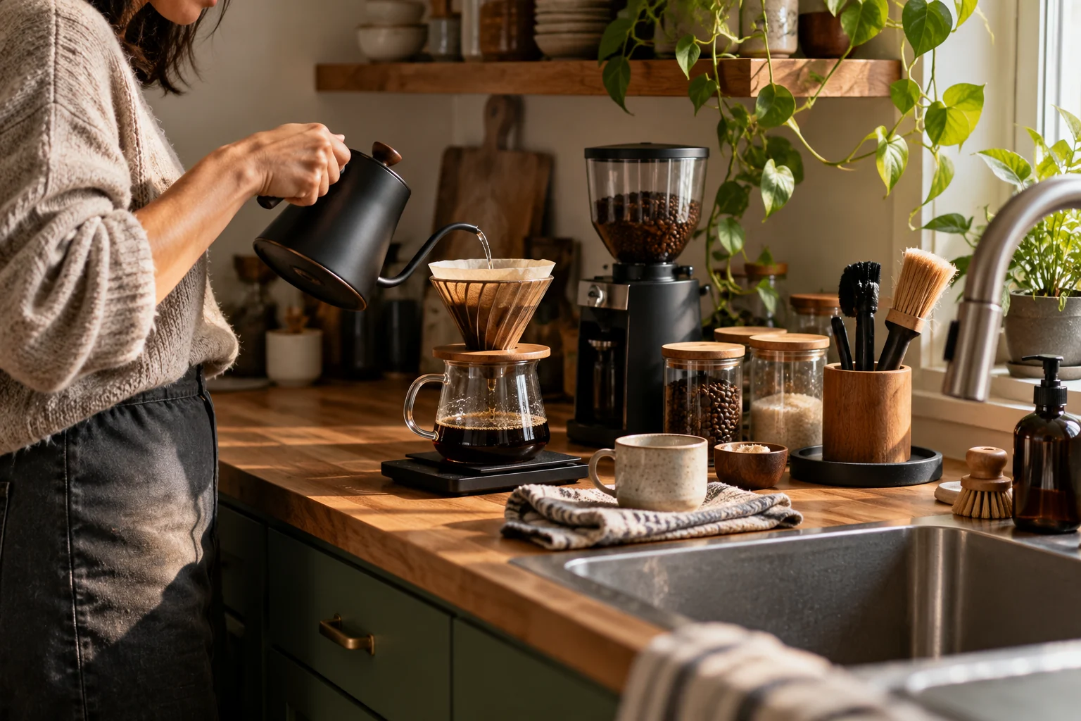 A lived-in home coffee station with grinder, pour-over brewer, storage canisters, cleaning tools and a nearby sink.