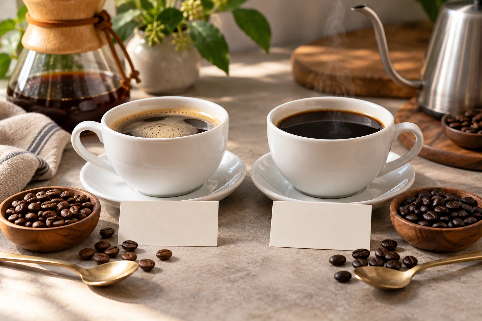 Two matching white coffee cups sit side by side on a neutral tasting table with blank comparison cards, tasting spoons and a few coffee beans.