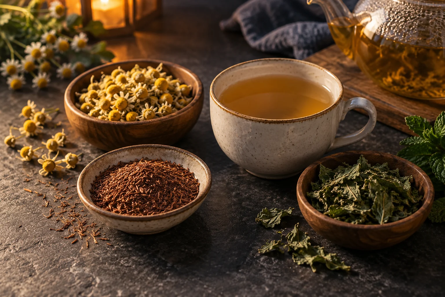 Bowls of dried chamomile, rooibos and peppermint sit beside a small cup of herbal infusion on a dark stone surface in warm evening light.