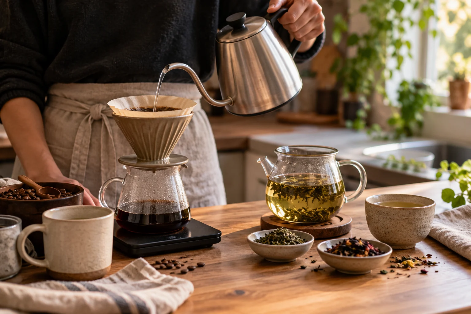 A home brewing counter set up for pour-over coffee and loose-leaf tea with a shared gooseneck kettle.