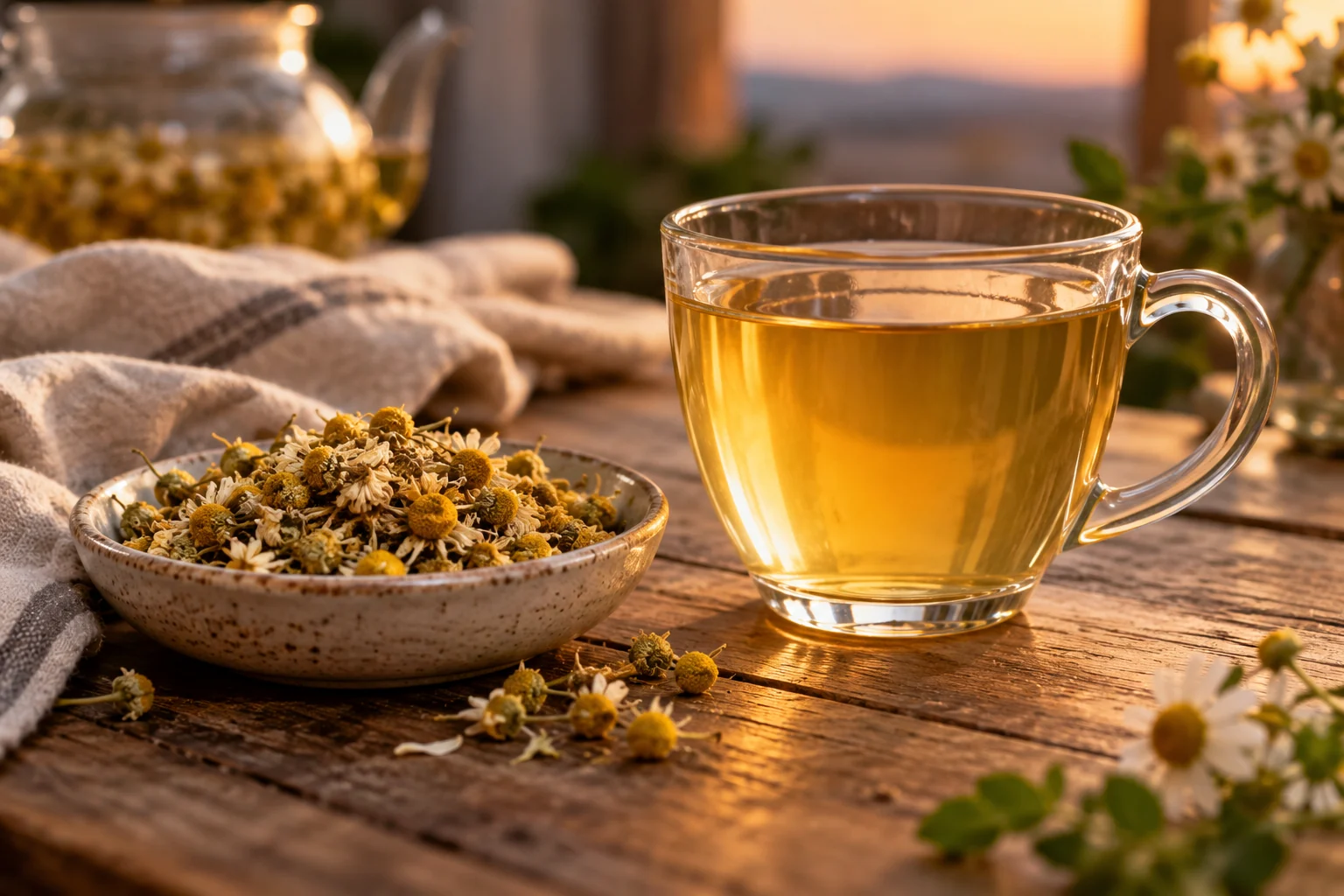 Dried chamomile flowers sit in a shallow ceramic dish beside a clear glass of pale-gold chamomile infusion in soft evening light.