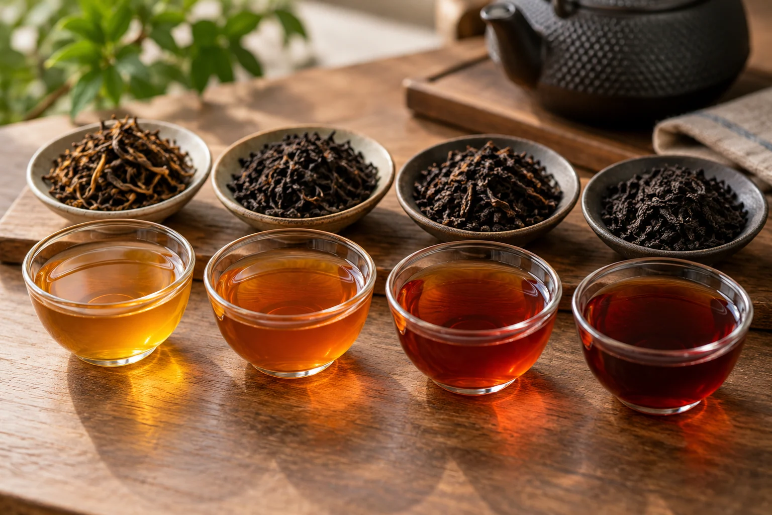 Four clear tasting cups show black tea colors from amber to deep mahogany with four dry-leaf samples behind them.