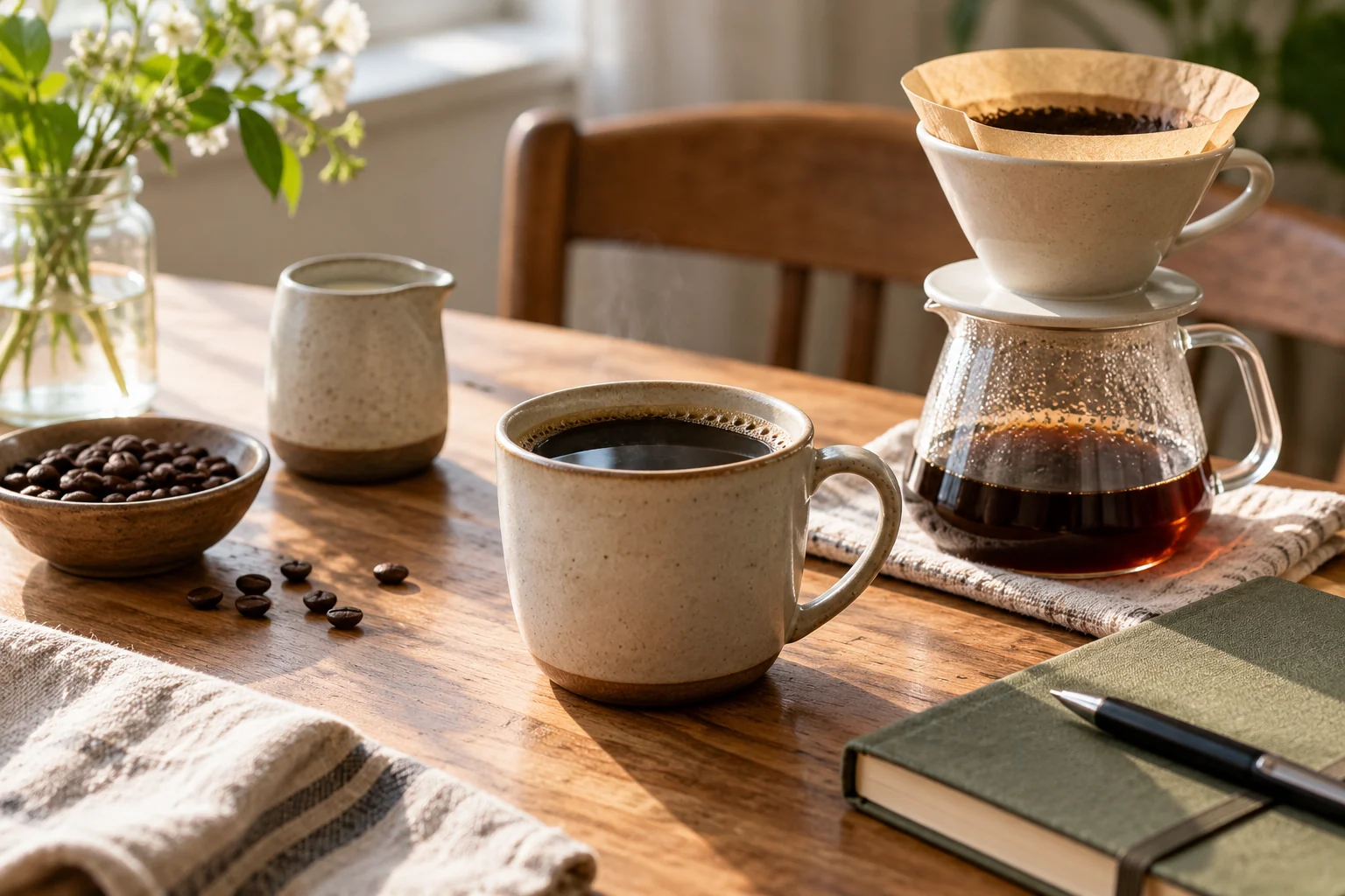 A modest cup of black coffee sits beside a paper pour-over filter, a small glass carafe and a closed notebook on a warm breakfast table.