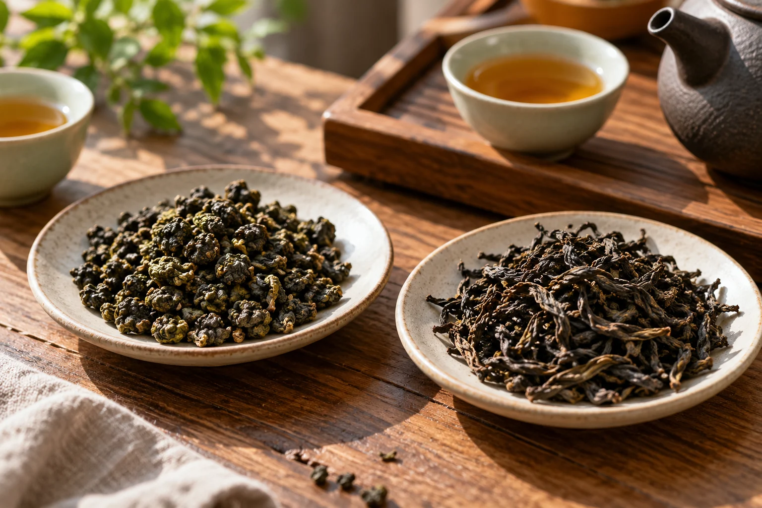 Compact rolled oolong leaves and long twisted oolong leaves displayed separately on two neutral ceramic trays in directional daylight.