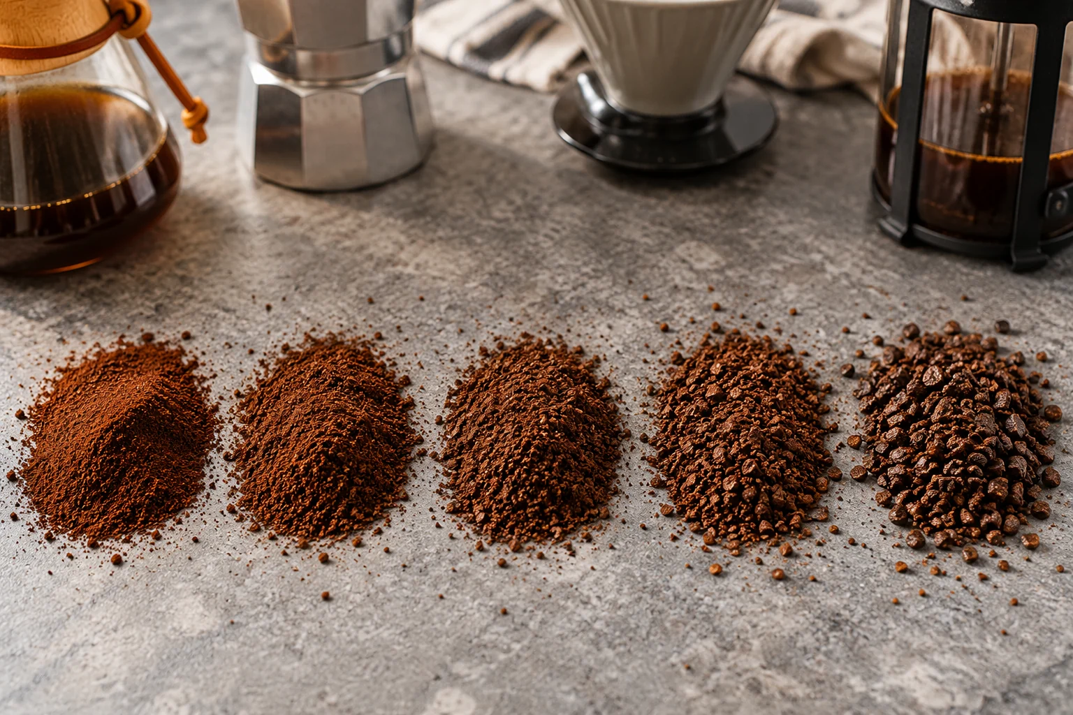Five parallel rows of ground coffee progress from very fine powder to coarse French-press grounds on gray stone.