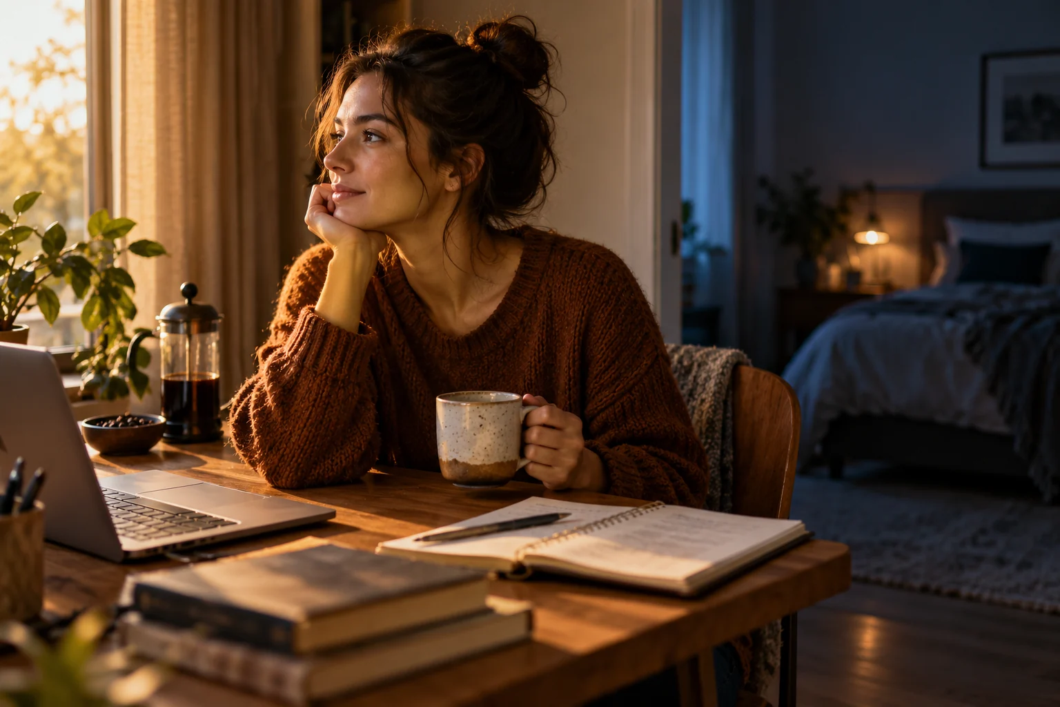 A woman holds a coffee at a sunlit desk beside a bedroom in cool evening light.