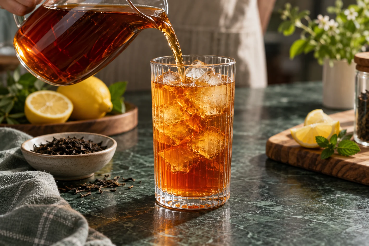Amber iced tea pours into a tall ribbed glass filled with clear ice on a dark green stone surface.