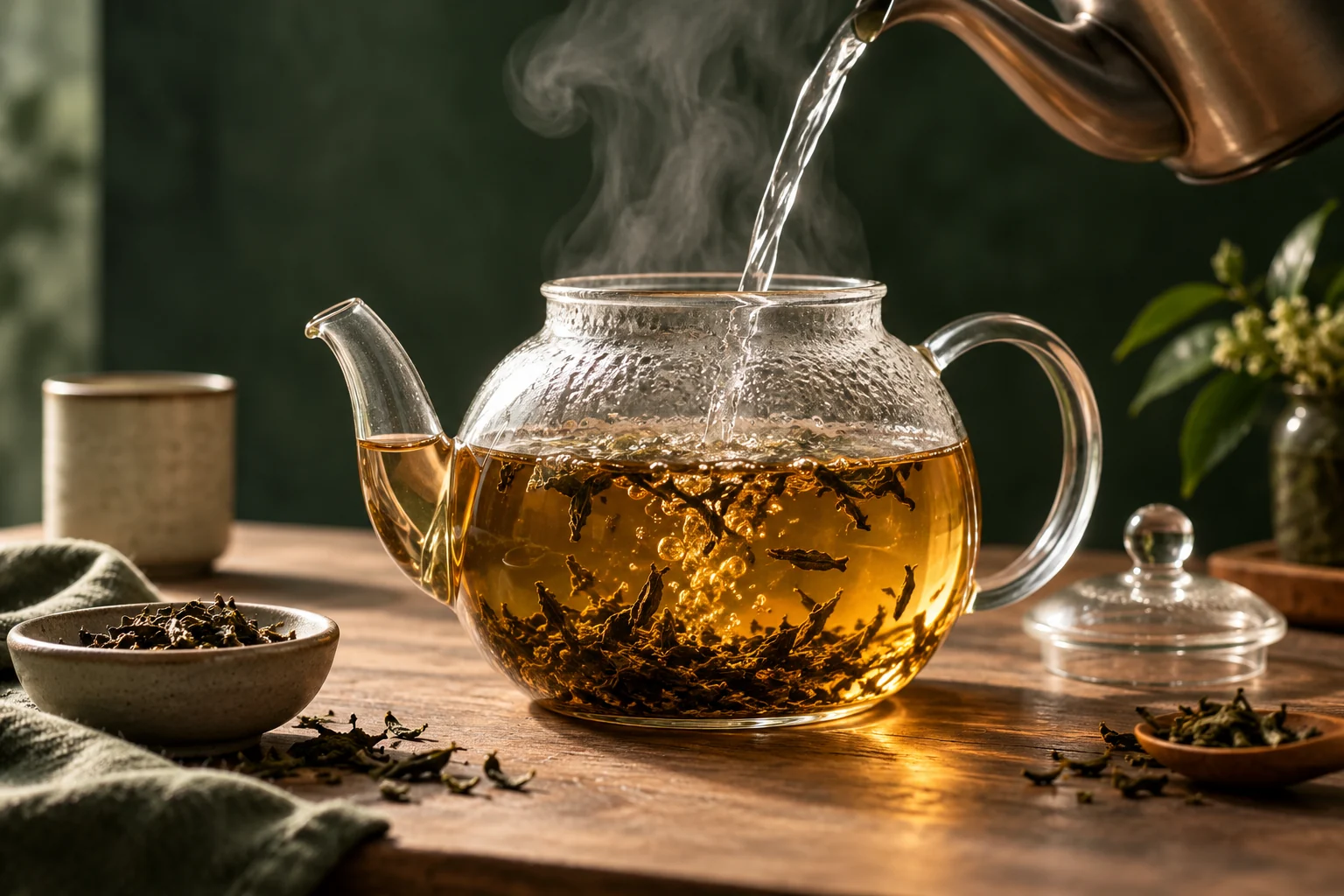 Hot water pours into a clear glass teapot as loose tea leaves begin to infuse and steam rises against a dark green background.