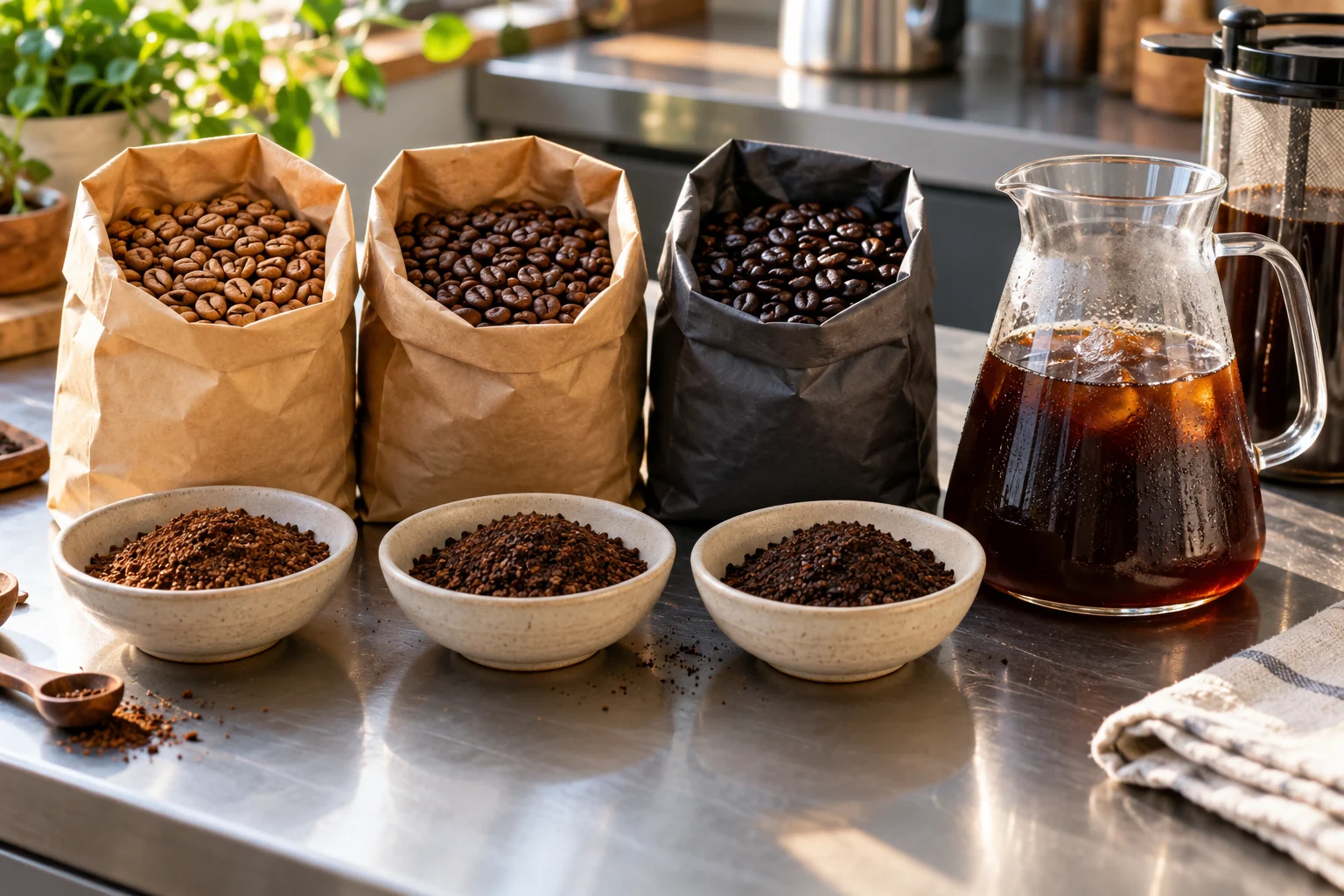 Three open coffee bags show light, medium and dark roasted beans beside coarse grounds and a glass carafe of cold brew on a stainless counter.