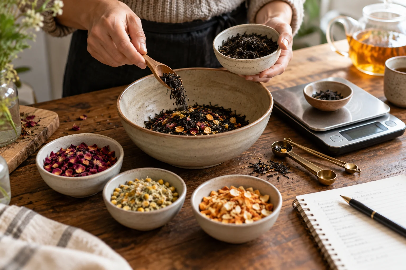 A small-batch tea blending workspace holds one base tea, three dried culinary accents, measuring spoons, a digital scale and a ratio notebook.