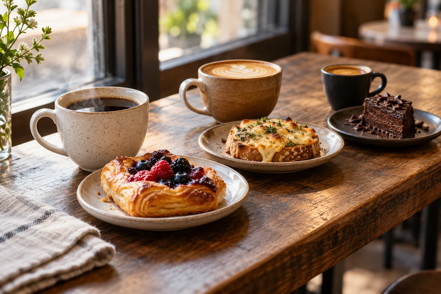 Coffee cups paired with a berry pastry, savory toast, and chocolate dessert on a cafe table.