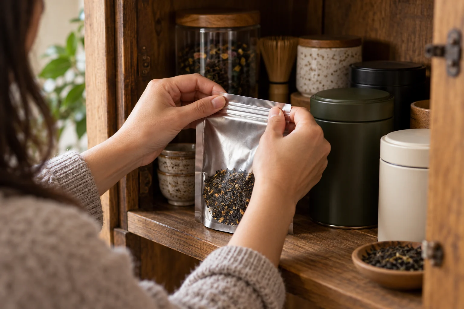 A hand reseals a silver tea pouch beside opaque tea tins in a lived-in wooden home cupboard.