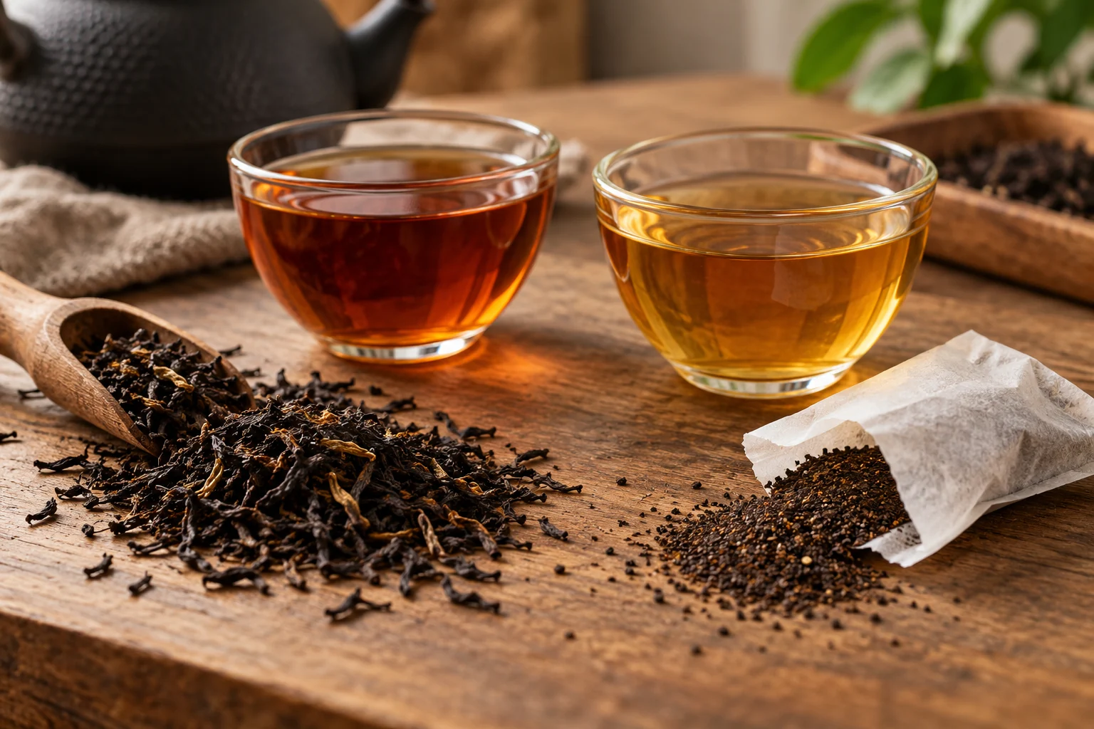 Loose black tea leaves and an opened paper tea bag with fine tea particles beneath two small amber tea samples.