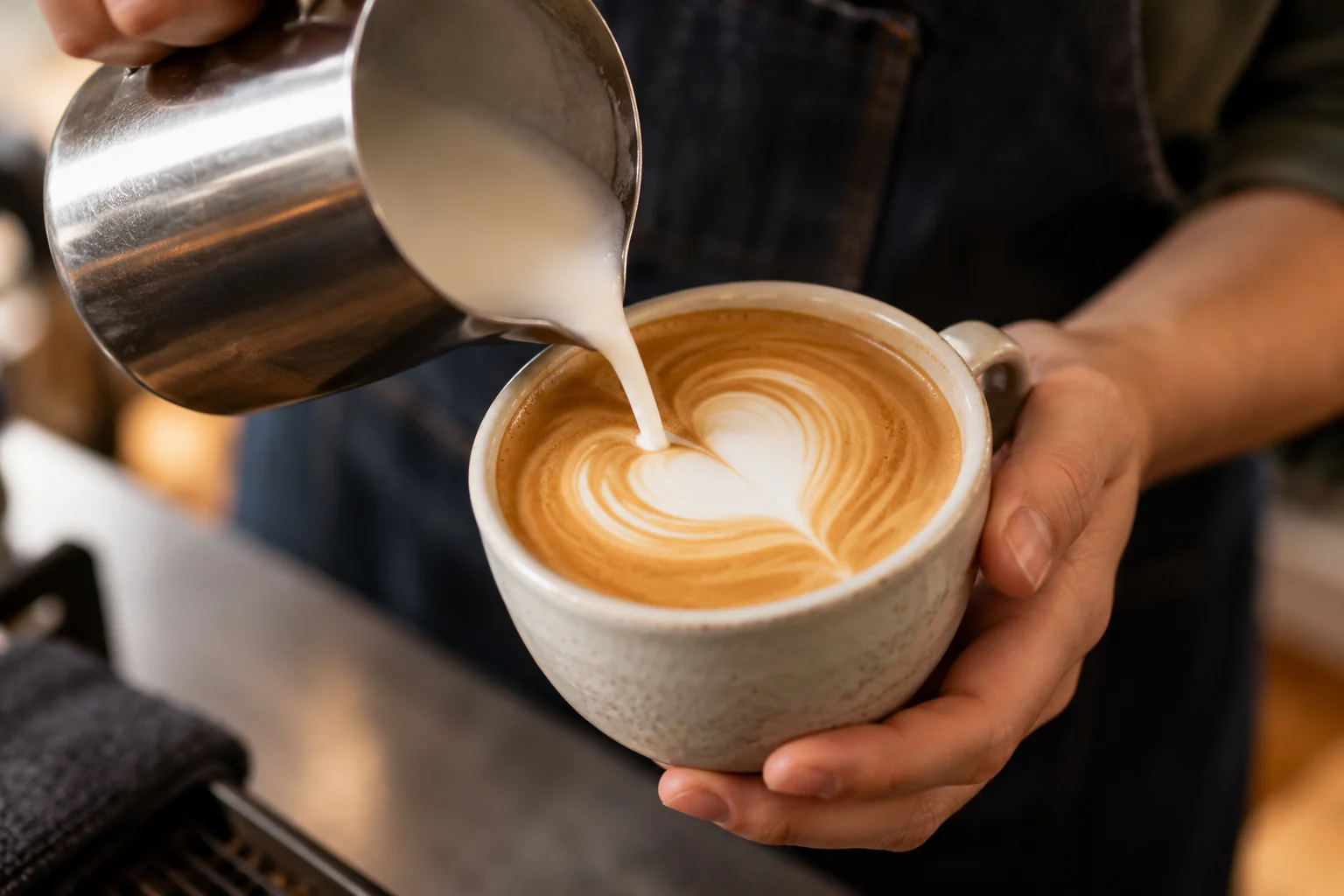 Steamed milk pours from a stainless pitcher close to the espresso surface as a small white heart begins to form.