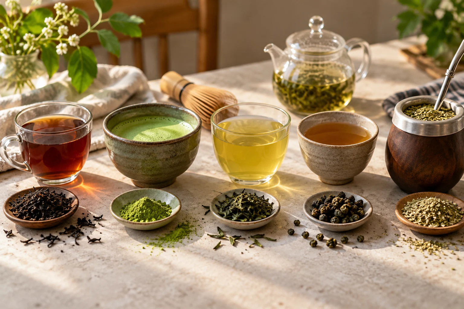 Five distinct preparations of black tea, matcha, green tea, oolong and yerba mate are arranged side by side on a pale stone table.