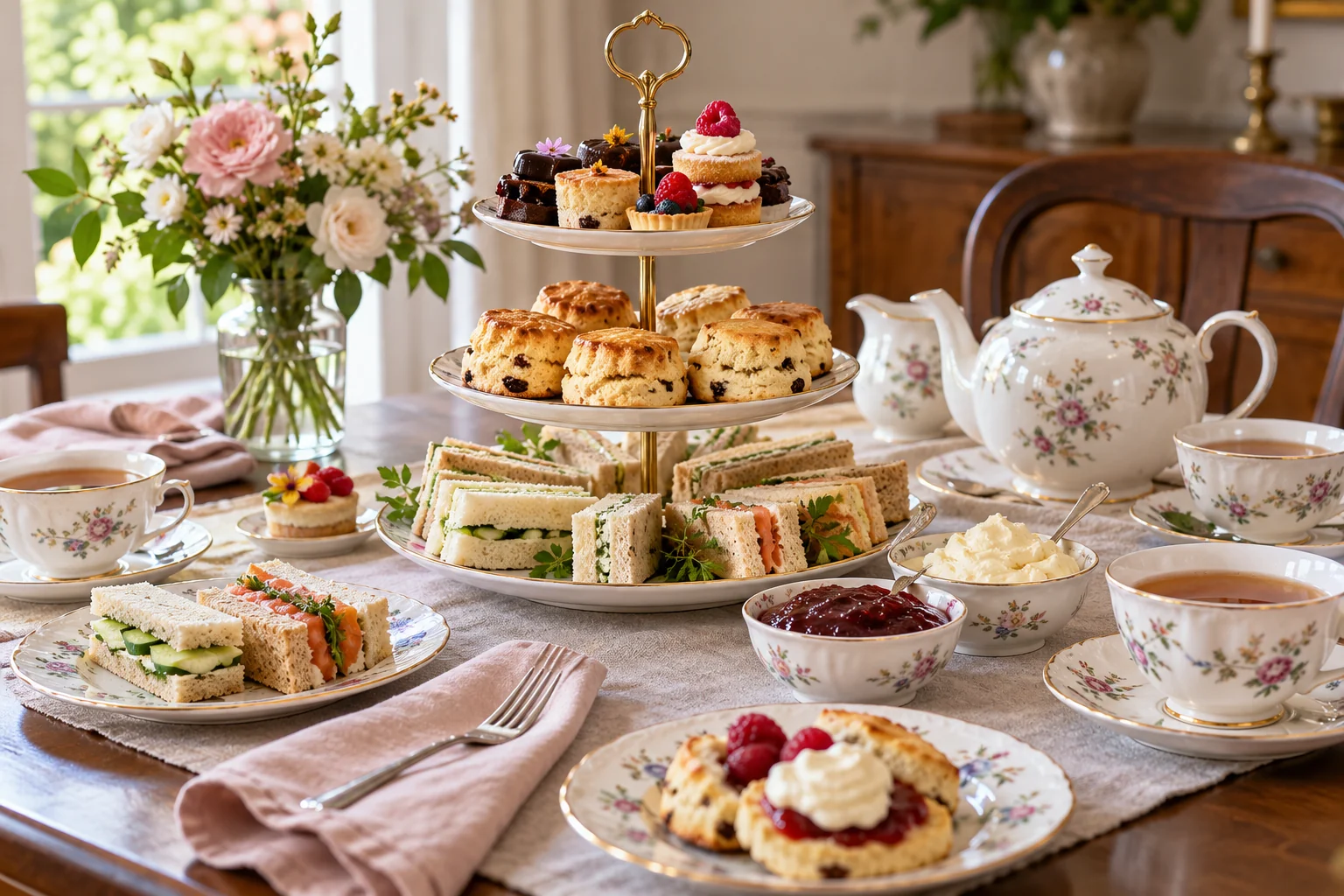 A bright home dining table is set with finger sandwiches, scones, jam, cream, small cakes, a teapot and teacups for afternoon tea.