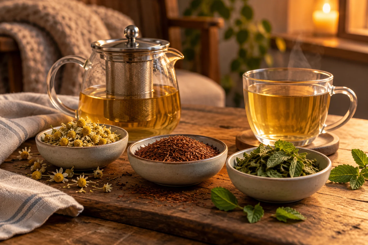 Chamomile, rooibos and peppermint sit in three small dishes beside a clear glass infuser and a cup of herbal tea in warm evening light.