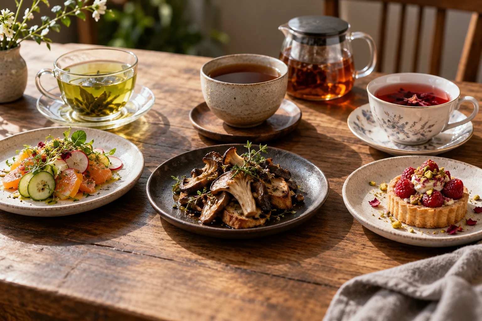Three different teas are paired across a wooden table with a light savory plate, a richer mushroom bite and a small dessert.