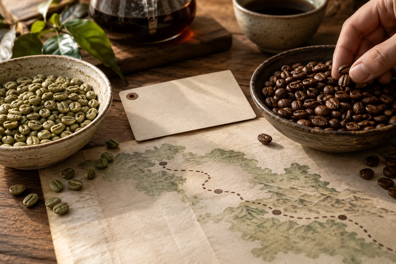 Green and roasted coffee samples sit beside a plain lot card and an abstract traceability path on cool archival paper.