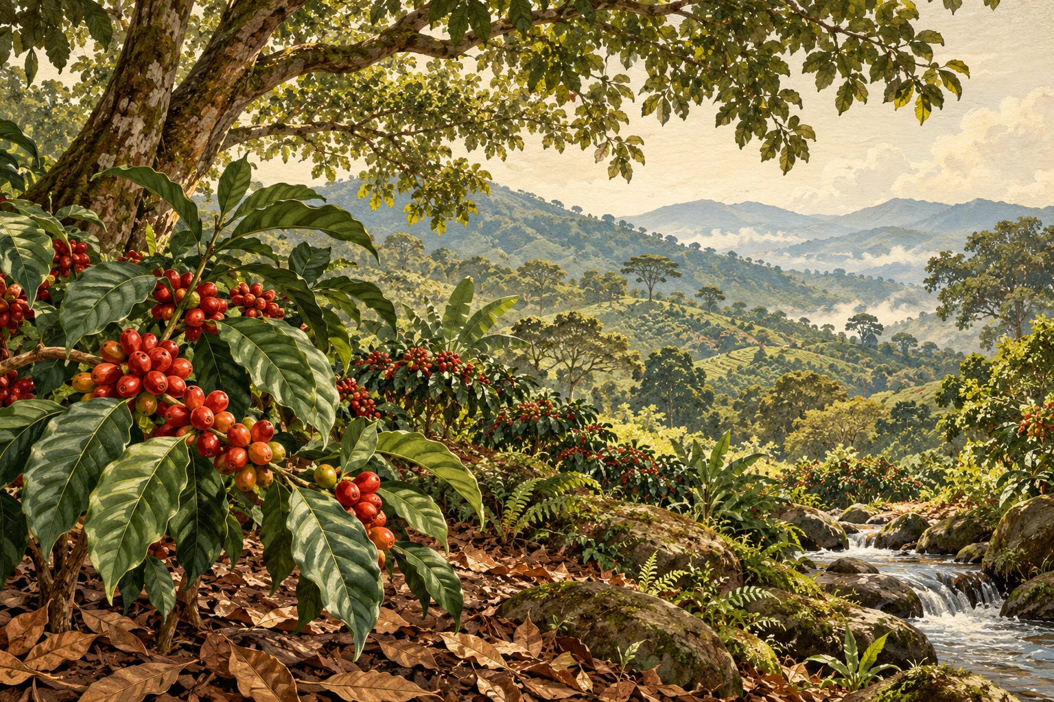 Editorial illustration of coffee cherries growing beneath shade trees beside a stream.