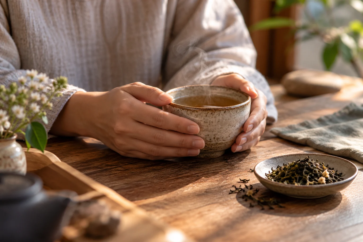 Two hands rest naturally around a steaming ceramic cup of tea beside a small dish of loose tea leaves on a softly lit table.
