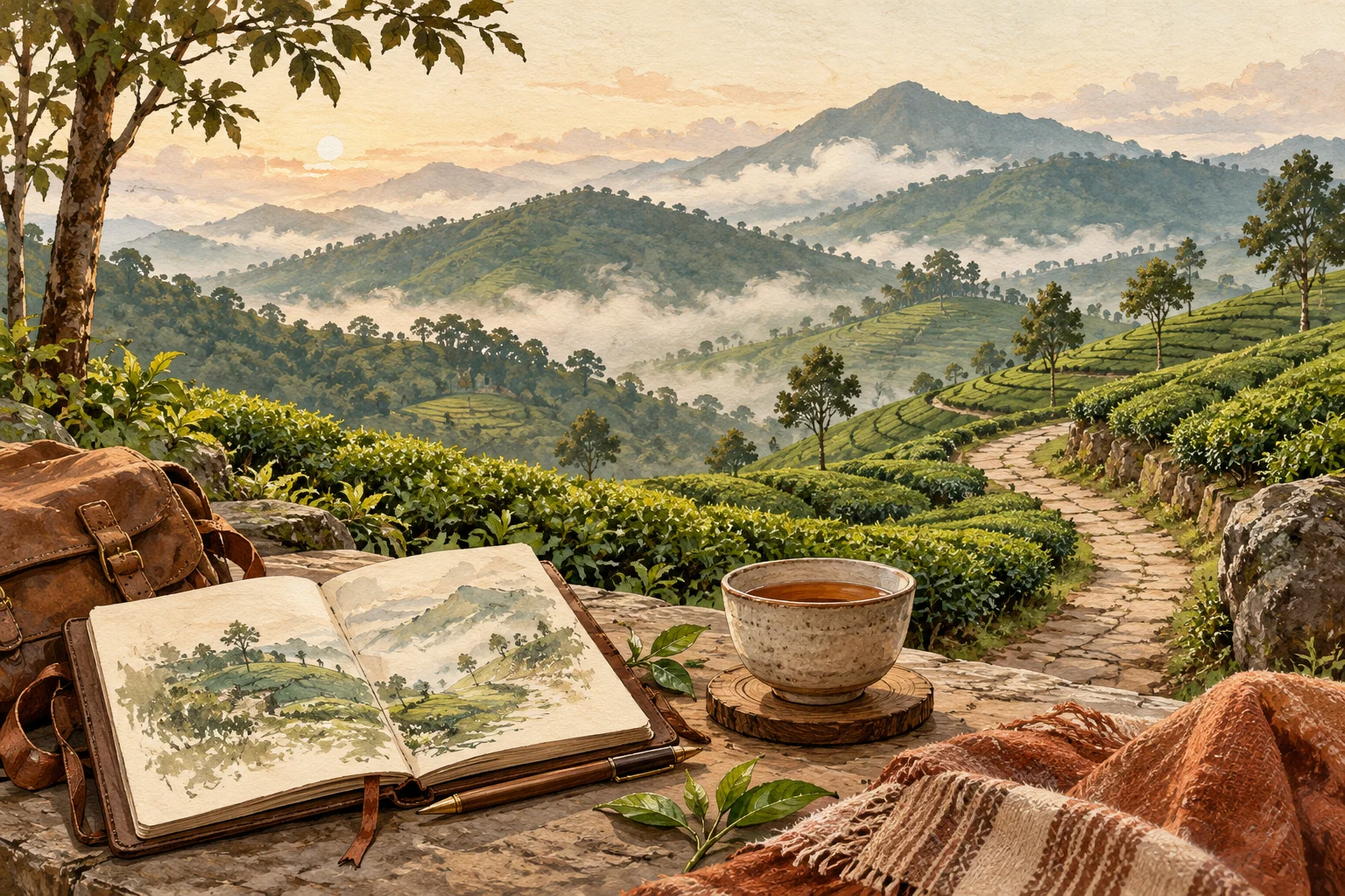 Conceptual illustration of tea gardens in misty hills beside a travel sketchbook and tea cup.