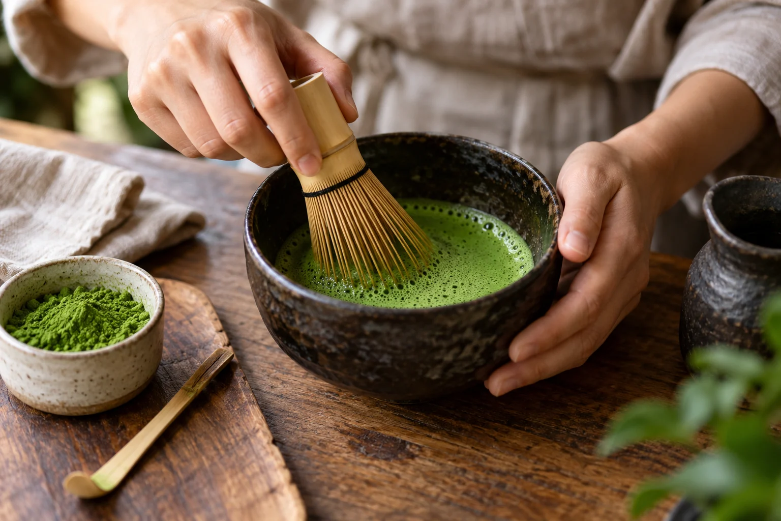 A hand whisks vivid green matcha with a bamboo chasen in a dark handmade ceramic bowl.