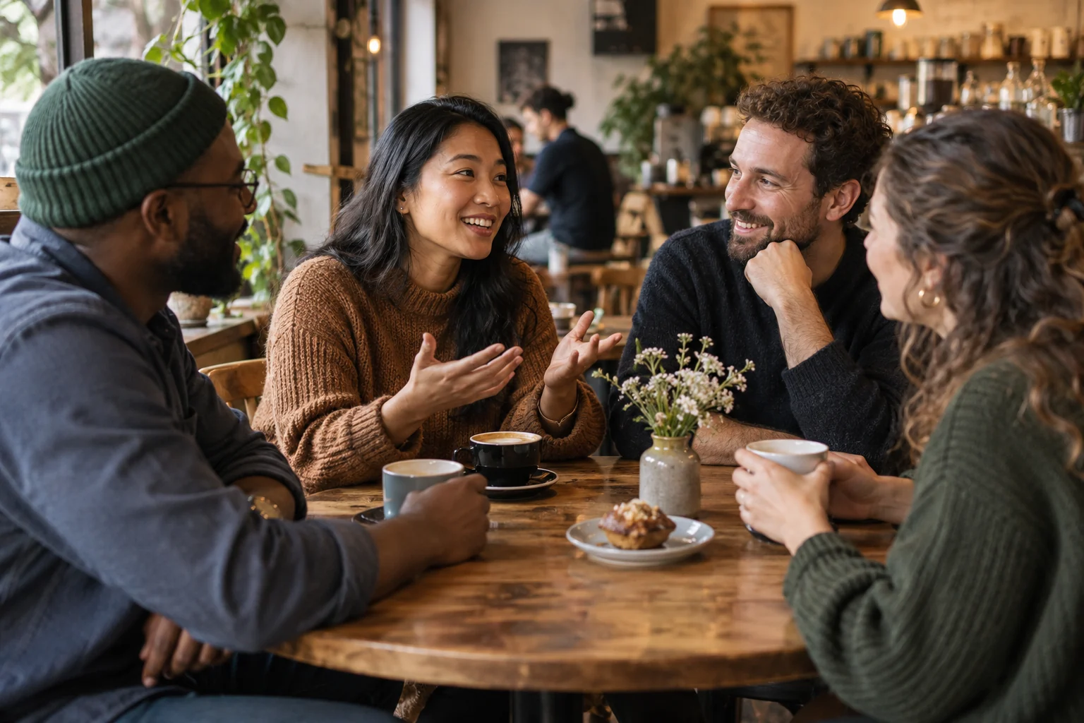 Four adults talk around coffee cups at a softly lit neighborhood cafe table.