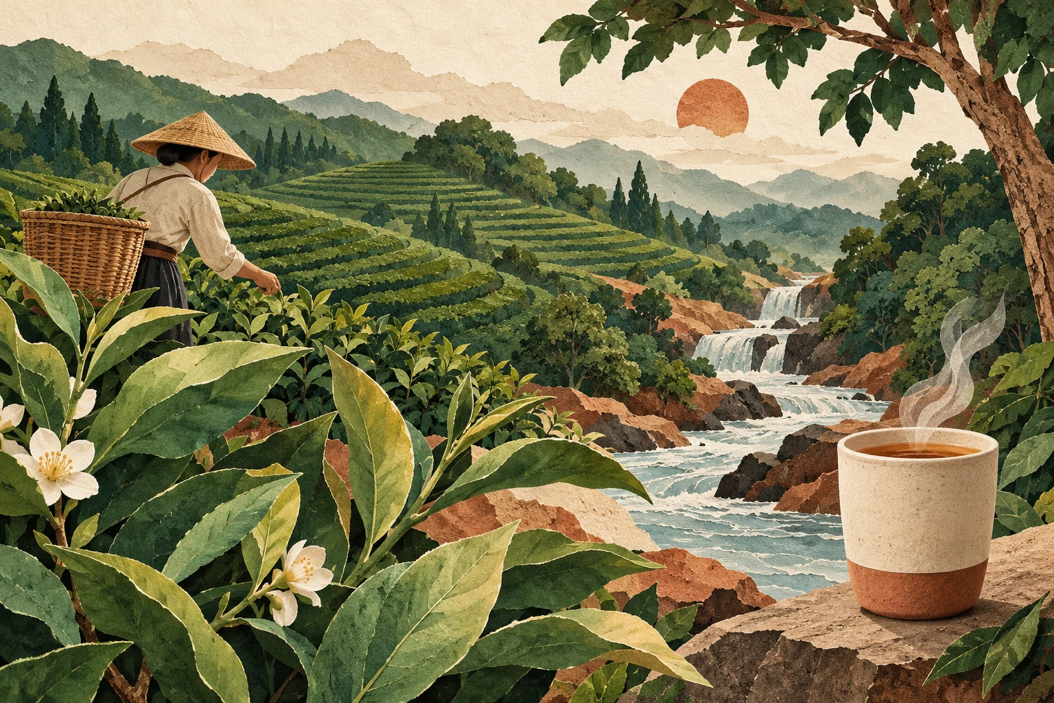 Conceptual illustration connecting tea cultivation, vegetation, flowing water and a reusable cup.