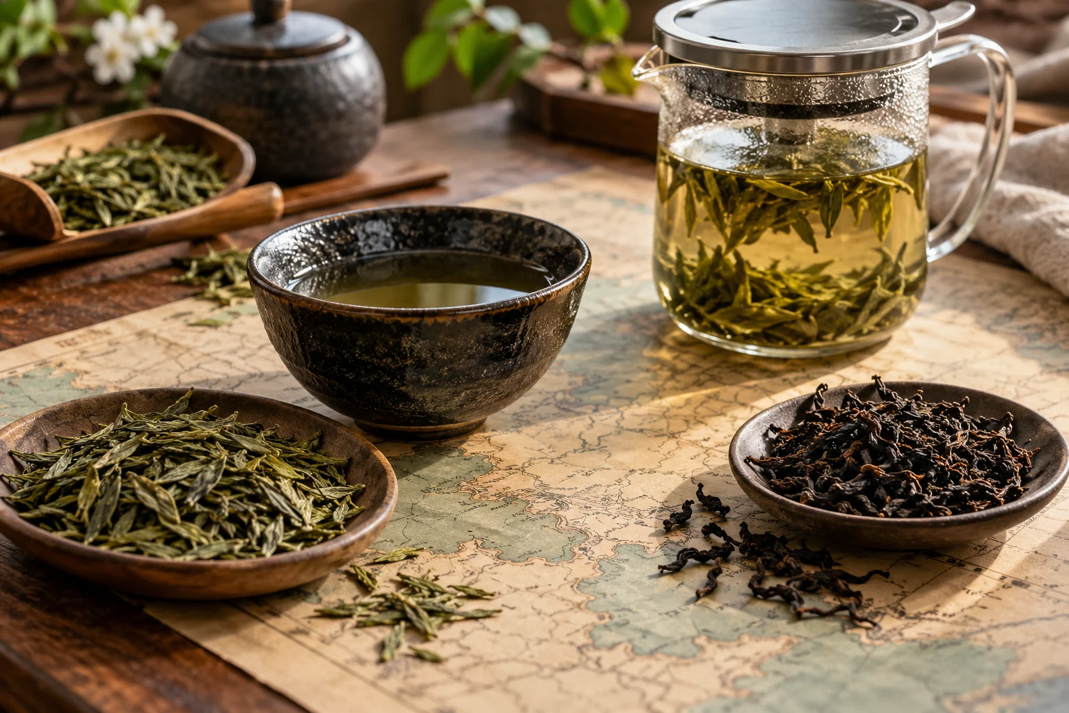Loose green and dark tea, a dark-glazed bowl and a modern glass infuser rest over a faint unlabeled map.